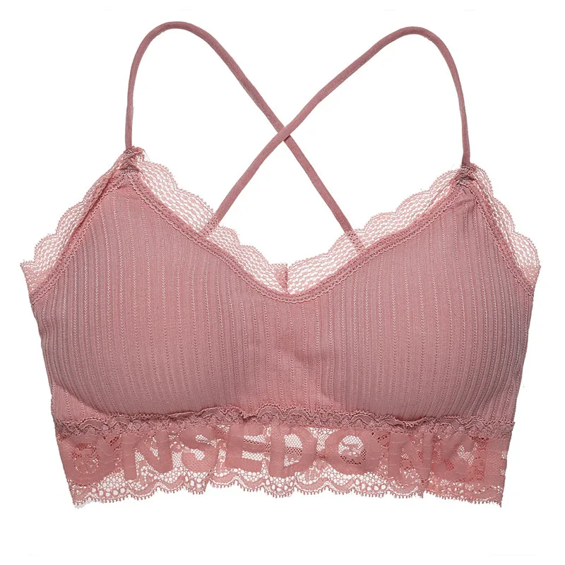 Padded Cotton Bra Sexy Letter Women Wireless Underwear Full Cup Lace Bras For Women Fashion 5 Colors Wire Free Backless Lingerie - Цвет: Pink