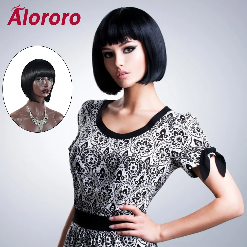 

Alororo Women's Natural Black Hair Bob Wigs High Temperature Wire Synthetic Wigs with Blunt Bangs Female Daily Wear False Wigs