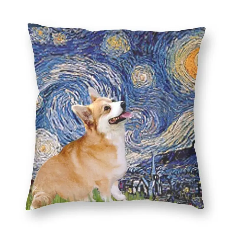 

Nordic Starry Night Welsh Corgi Cushion Cover Polyester Sofa Cover Van Gogh Oil Painting Dog Throw Pillow Case for Living Room