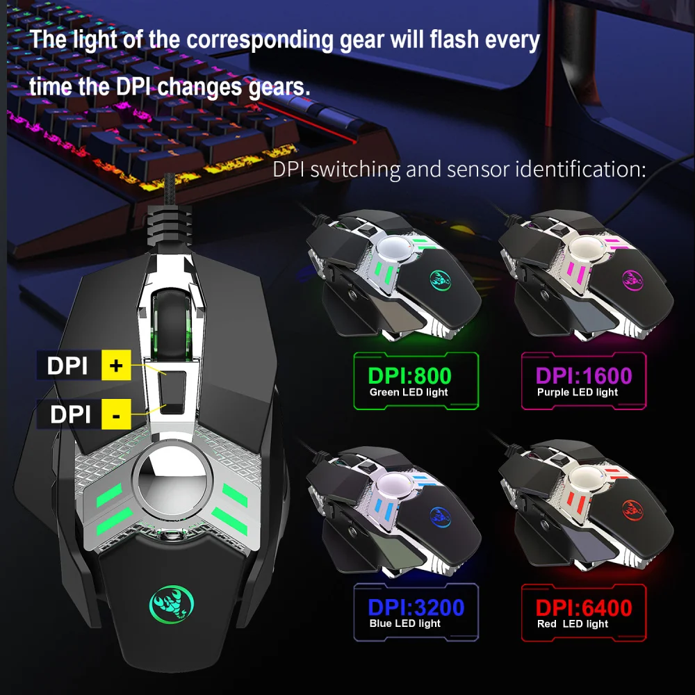 Hxsj макроопределение игровая мышь 7 ключ программируемый проводная мышь 6400 Точек на дюйм с аккумулятором, Трехцветная подсветка подходит для офиса для игровых ПК