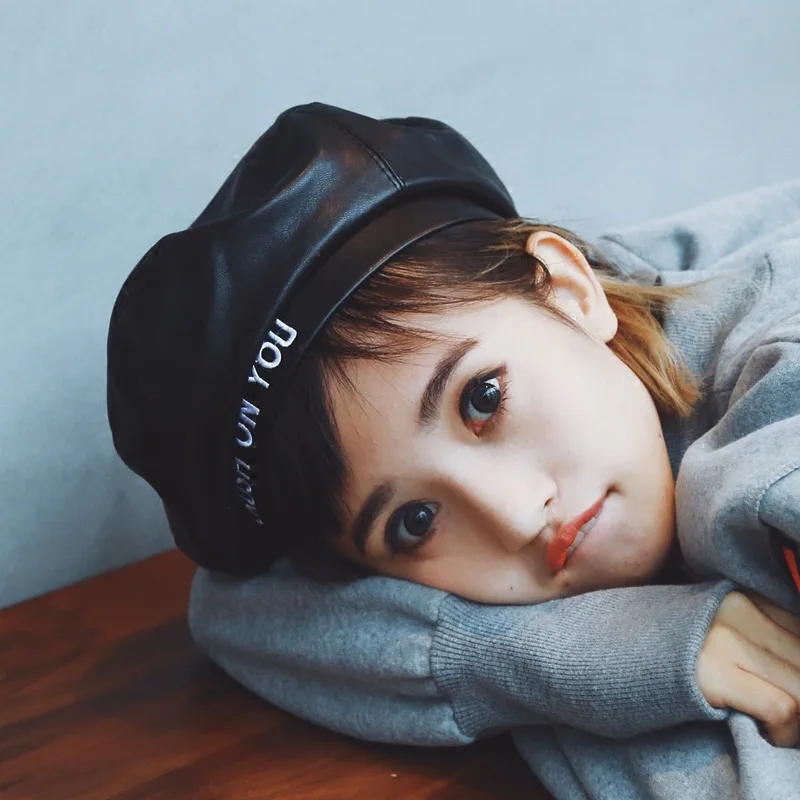 

Personality Pu Leather Beret Painters Hats Lady Beret Autumn and Winter Hat