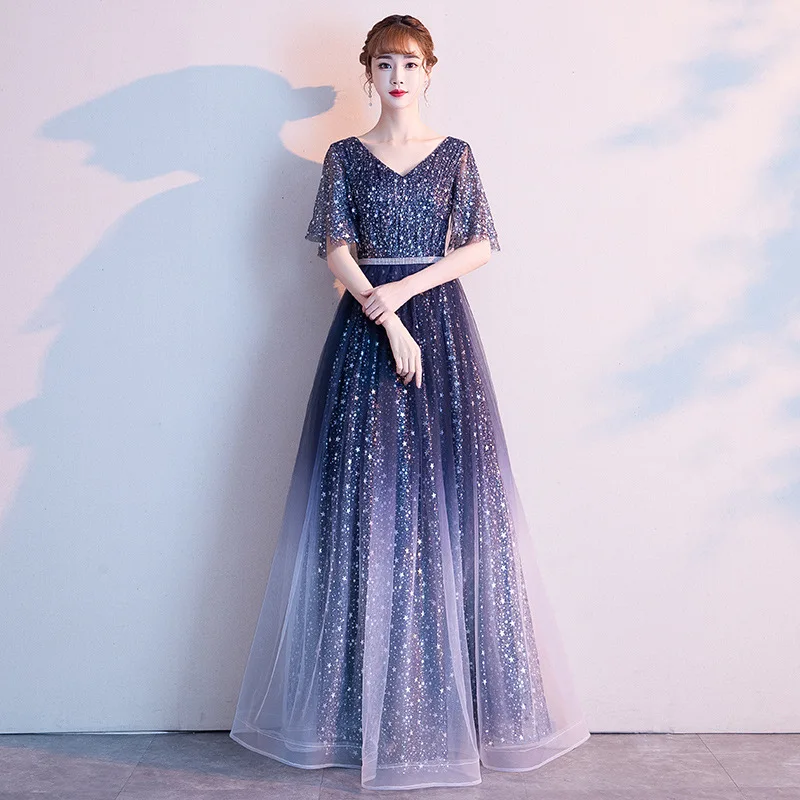 navy blue Блестками модные полной длины восточные вечерние женские Cheongsam шоу на сцене платье Qipao; элегантные туфли в стиле знаменитостей; для торжеств Платья De Festa - Цвет: navy blue