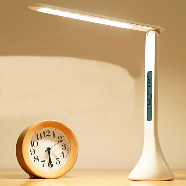 LED Dimmable Reading Bedside Lamp Table Desk Light Calendar Clock Touch Adjust