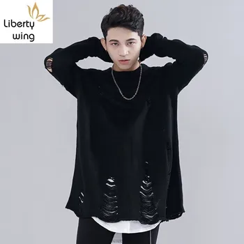 

High Street Personality Baggy Mens Pullover Loose Lovers Kitted Sweater Fashion Hole Ripped Black Casual Sweaters For Men
