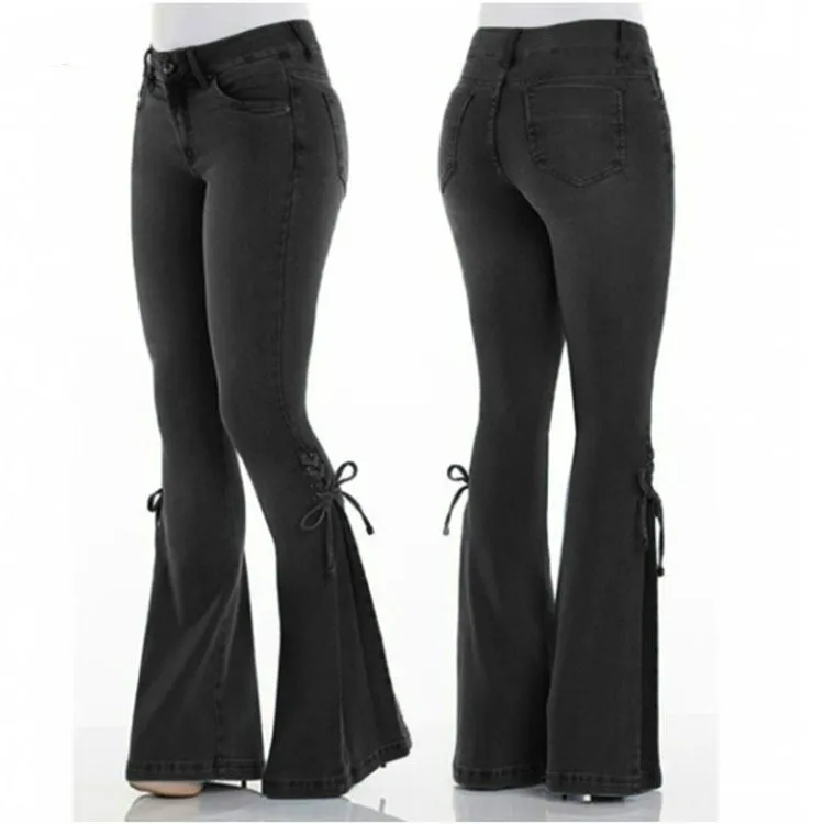 Женские джинсы-клеш с высокой талией, обтягивающие женские джинсы, женские джинсы с широкими штанинами на шнуровке, джинсы для мам, большие размеры, женские штаны с эффектом пуш-ап