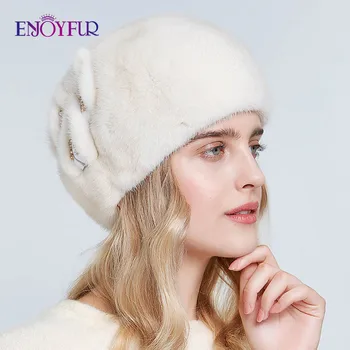 

ENJOYFUR Whole mink fur berets hats for women winter warm fashion fur caps solid color beret with flower