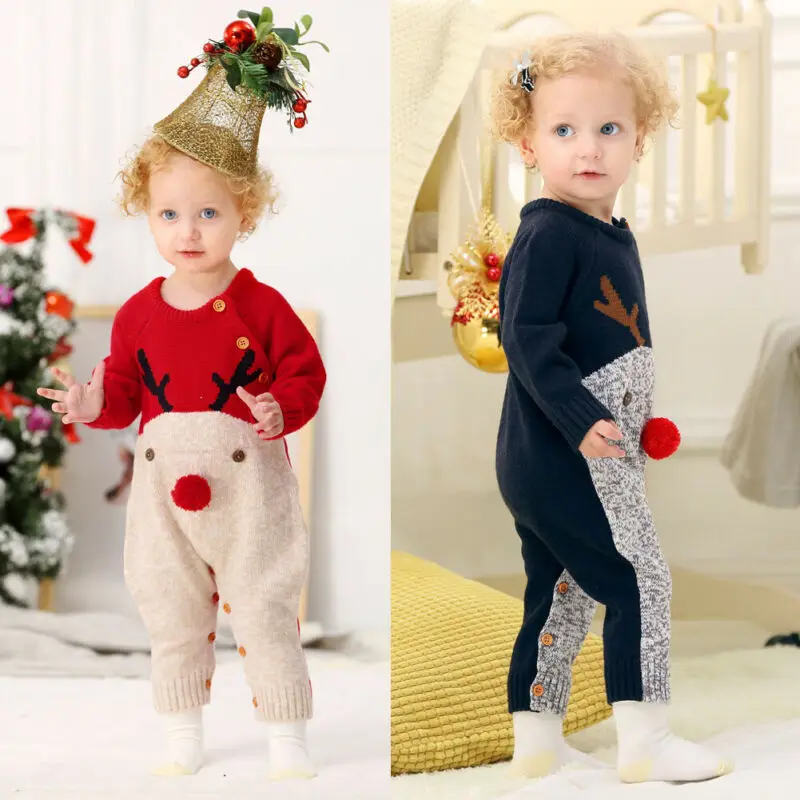 DovFanny Baby Romper Baby Boys Girls Cute Christmas Jumpsuit Winter Knit Reindeer Long Sleeve Warm Outfit for Newborn Baby