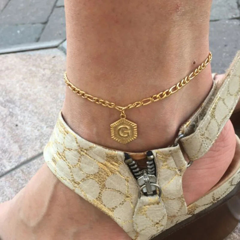 Summer Initial Letter Anklet Hexagon Alphabet Leg Bracelets For Women Foot Jewelry Stainless Steel Feet Chain Friendship Gifts Summer Initial Letter Anklet Hexagon Alphabet Leg Bracelets For Women Foot Jewelry Stainless Steel Feet Chain Friendship Gifts