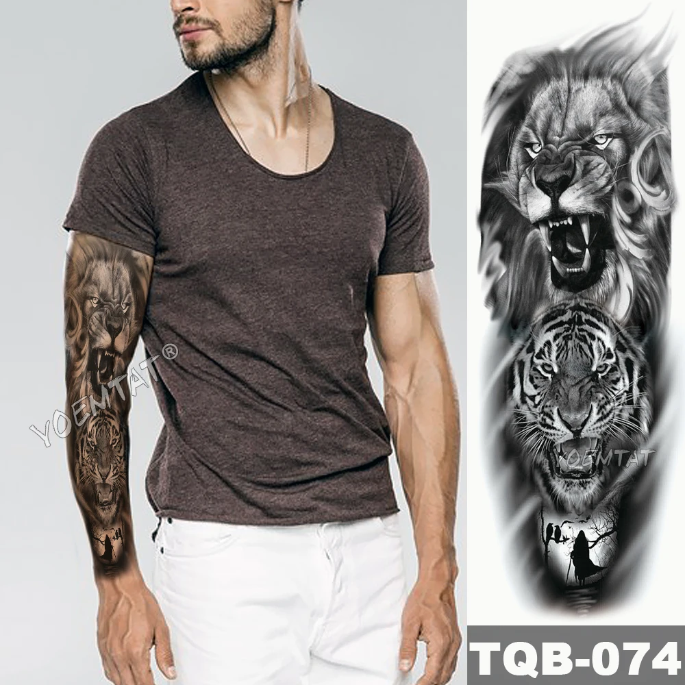 Large Arm Sleeve Tattoo Lion Crown Eyes King Rose Waterproof Temporary Tatoo Sticker Wild Wolf Tiger Men Full Skull Totem Tatto