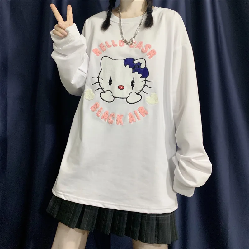 Harajuku de primavera japonés Camiseta mujeres de dibujos animados gato bordado suelto coreano Camiseta de manga larga hembra lindo Top dulce camisetas ropa