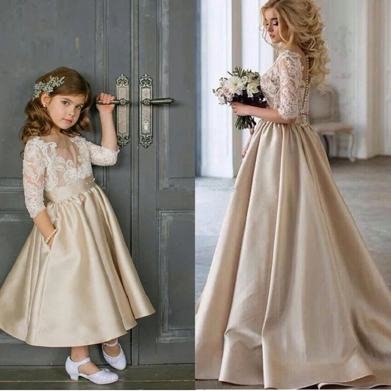 579 Champagne Flower Girls Dresses For Weddings 34 Long Sleeves Lace Satin Ankle Length Girls Pageant Dresses Children Girls Party Dresses