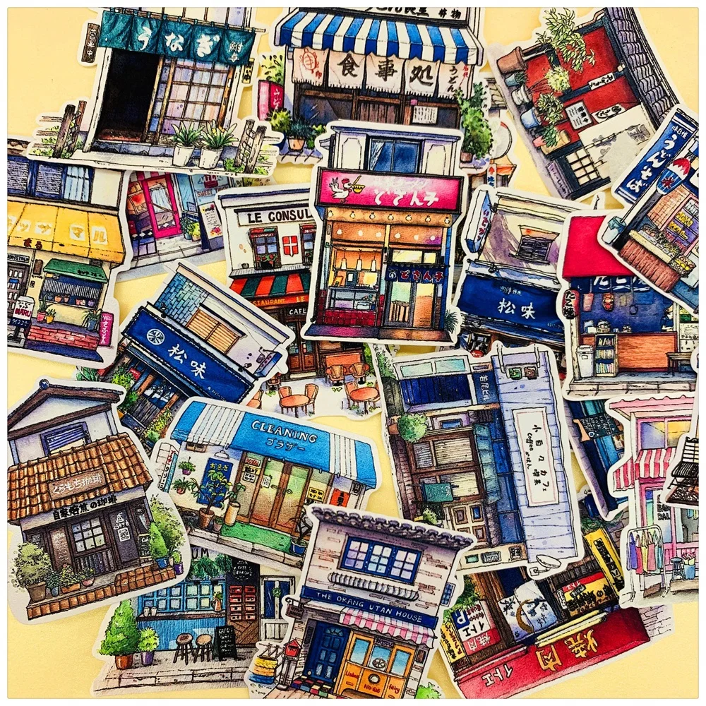 21Pcs/Set Retro Japanese Building Food House Store Sticker DIY Craft Scrapbooking Album Junk Journal Planner Decorative Stickers