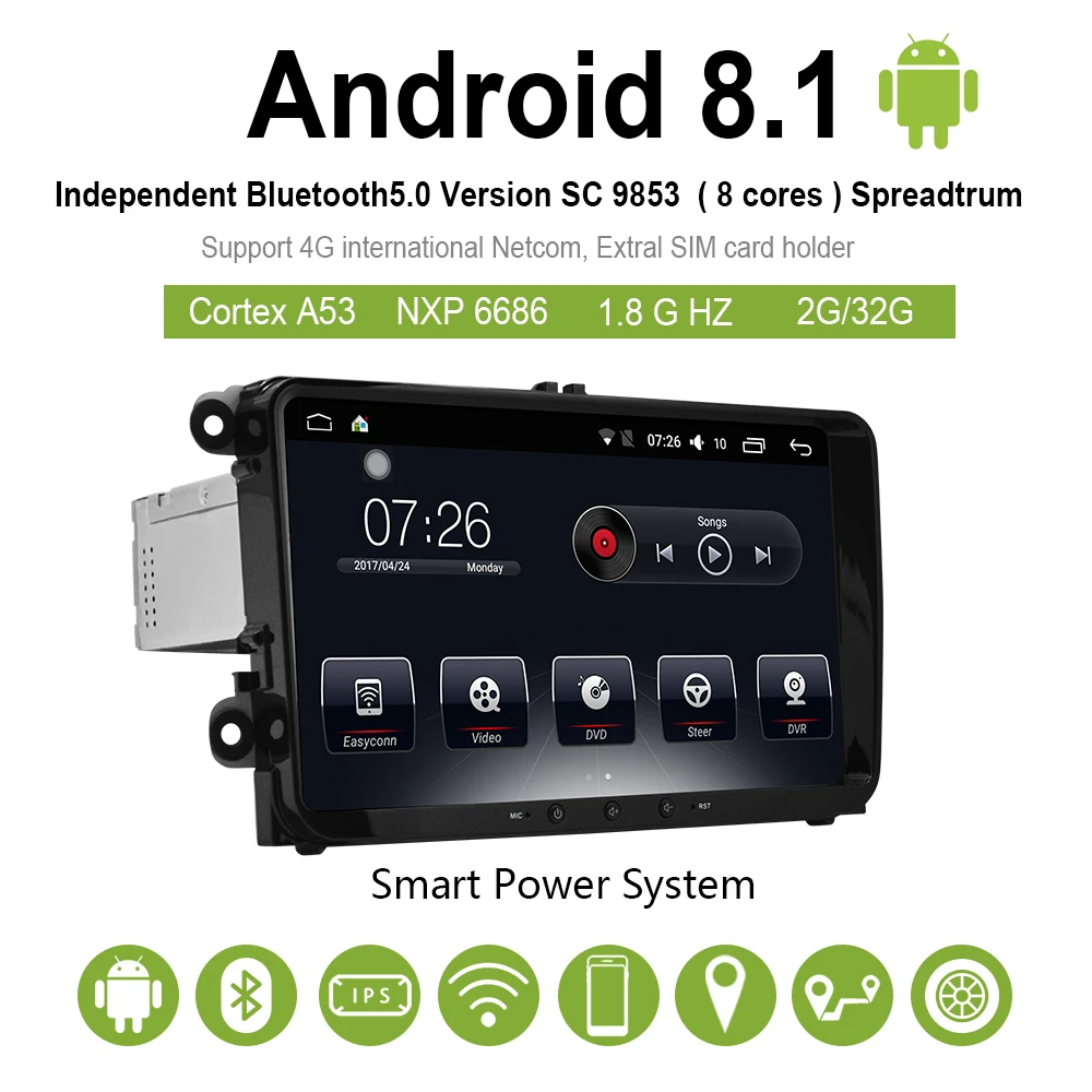 Discount Car Multimedia player 1 Din Android 8.1 Car DVD For Volkswagen/Golf/Polo/Tiguan/Passat/CC/SEAT/leon/Skoda/EOS 9" 4G/64 1