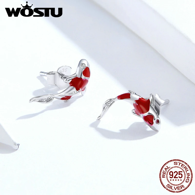 WOSTU настоящие 925 пробы серебряные красные серьги-гвоздики Koi для женщин изысканные маленькие серьги Свадебные ювелирные изделия подарок CQE812
