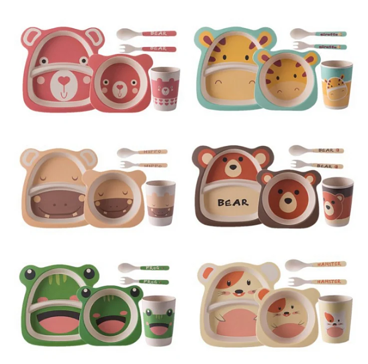 

5pcs/set Baby Dish Tableware Children Cartoon Feeding Dishes Kids Natural Bamboo Fiber Dinnerware With Bowl Fork Cup Spoon Plate