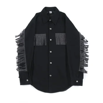 

Men Streetwear Hip Hop Punk Long Sleeve Tassel Loose Casual Shirt Style Coat Male Vintage Fashion Party Stage Show Dress Shirt