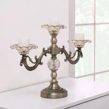 

New Classical European Style Retro Villa Candlestick Ornament Bronze Carving Metal Three Arms Candlestick Crystal Candle Holder