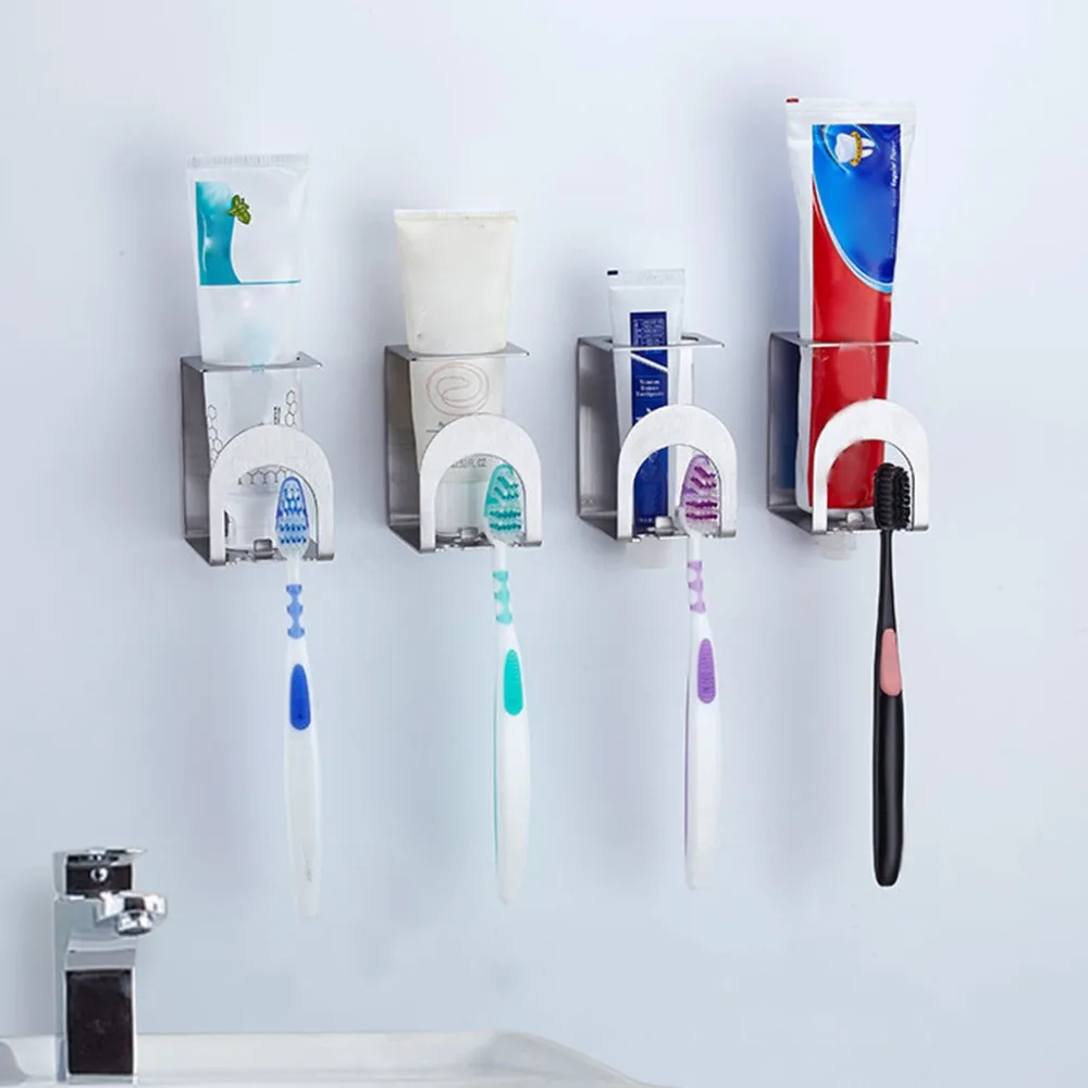 Нержавеющая сталь Диспенсер зубной пасты, для зубной щетки держатель подставка для настенного монтажа наклеить на стену для зубной пасты, держатель для ванной комнаты, инструмент Q3