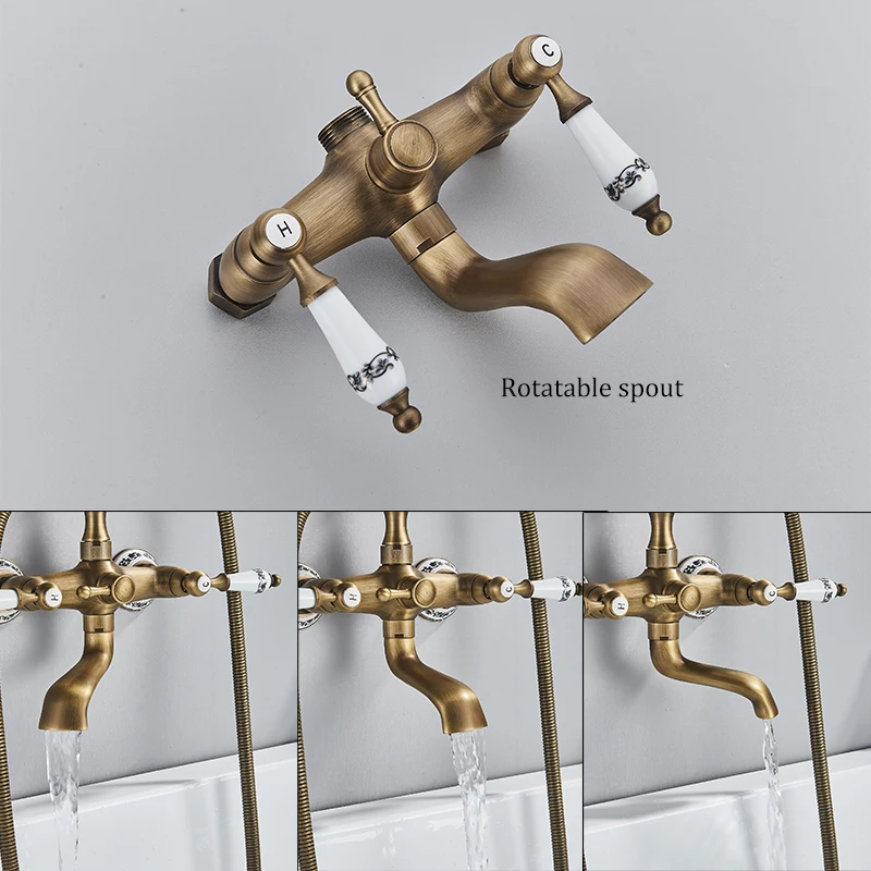 Bathroom Faucet Bathroom Shower Faucet Set Suguword Telephone Shape Bathroom Bathtub Shower Faucet Set Antique Brass Hot and Cold Water Mixer Tap Vintage Style