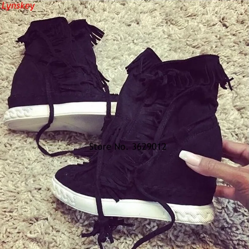 

Size 35-41 Spring Ankle Boots Height Inceasing Lace Up Fringe Boots Short Tassel Boots Botas Women Footwear