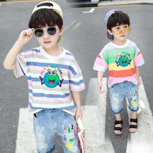 Популярная брендовая одежда для мальчиков; коллекция года; детская футболка в полоску с короткими рукавами и рисунком лягушки; летние топы