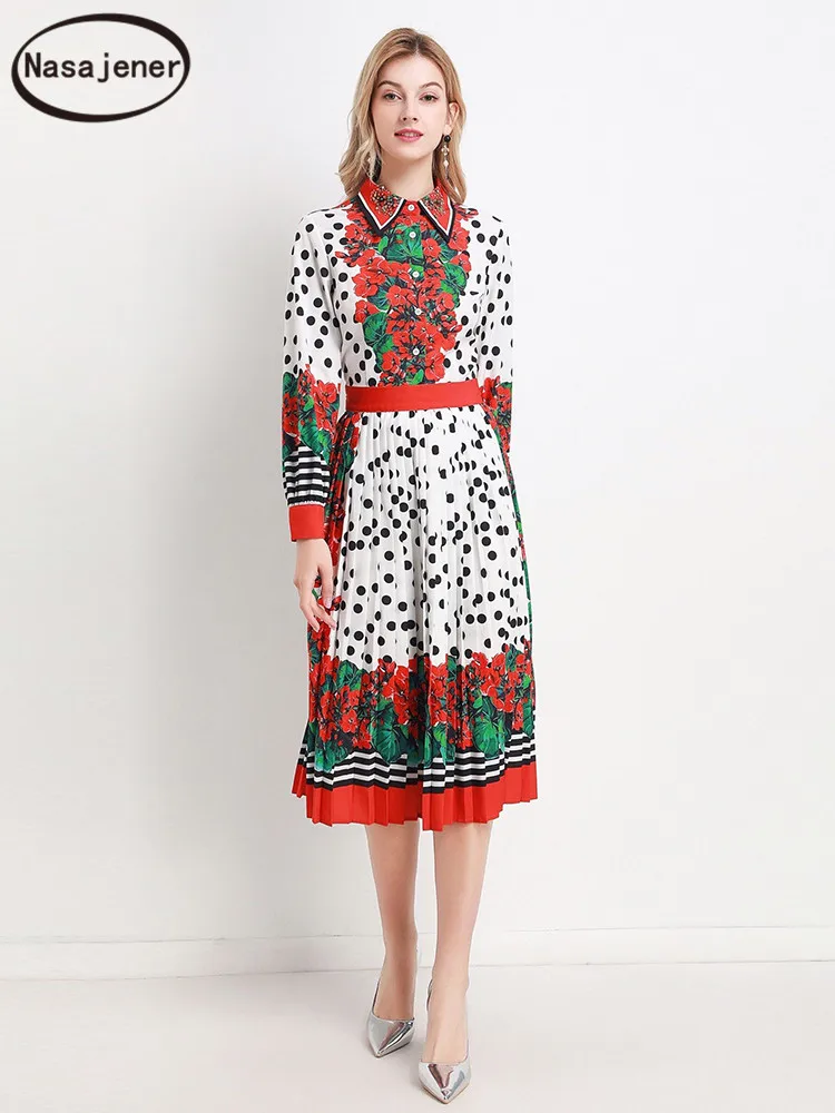 

2020 Spring And Summer Crystal Decoration Vacation Style Retro Wave Dot Lapel Long Sleeve Loose Dress