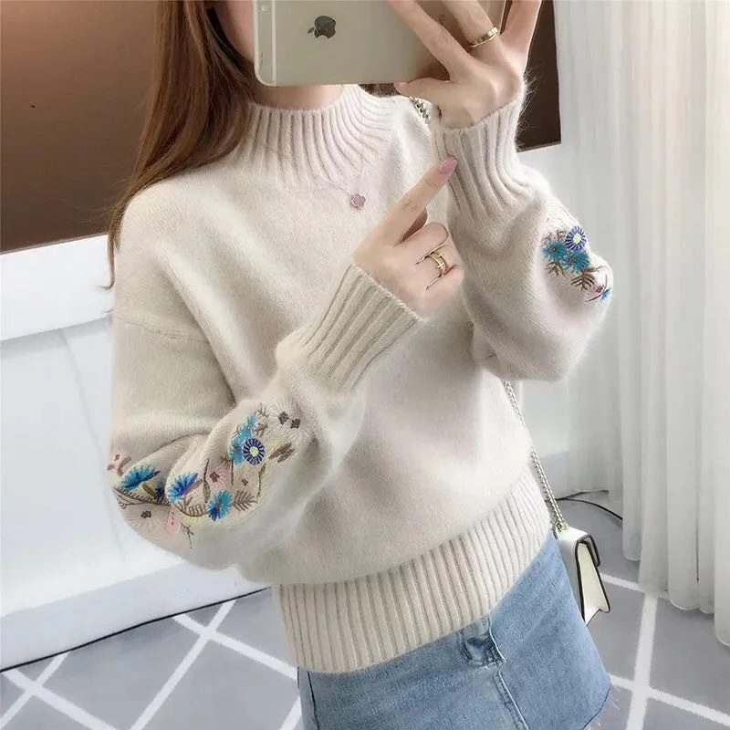 

FMFSSOM Women Floral Embroidery Knitted Sweater 2019 New Autumn Winter Ladys Turtleneck Long Sleeve Knitting Jumpers