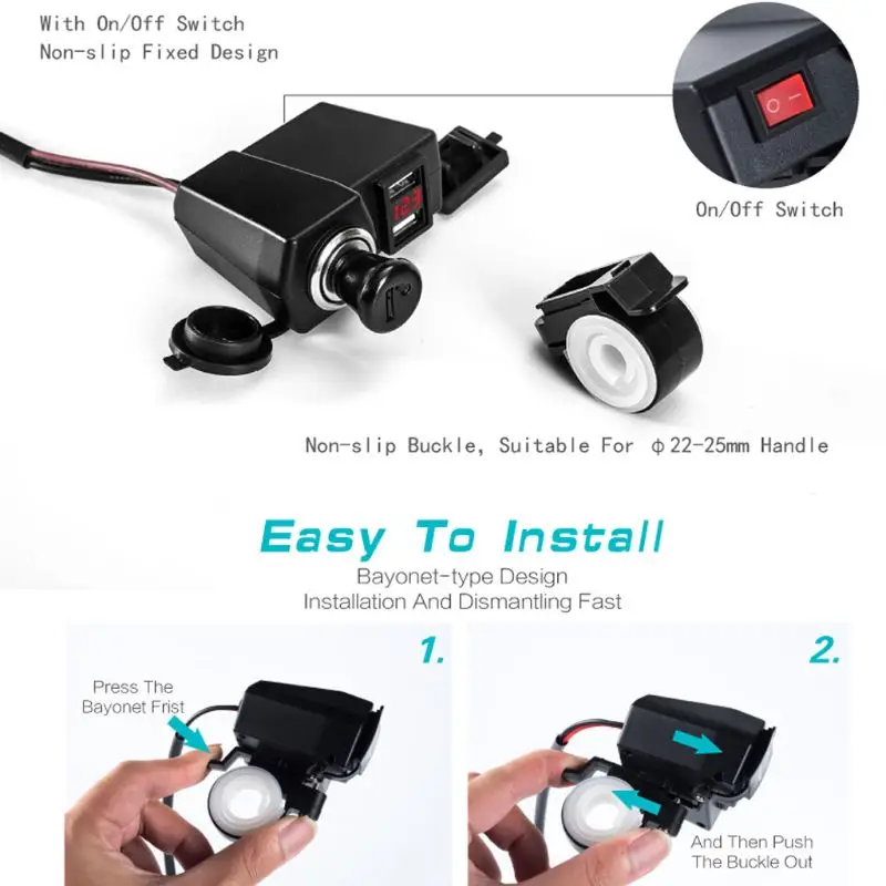 Прикуриватель для мотоциклов Руль Зеркало 5V 2.1A Dual USB Зарядное устройство вольтметр
