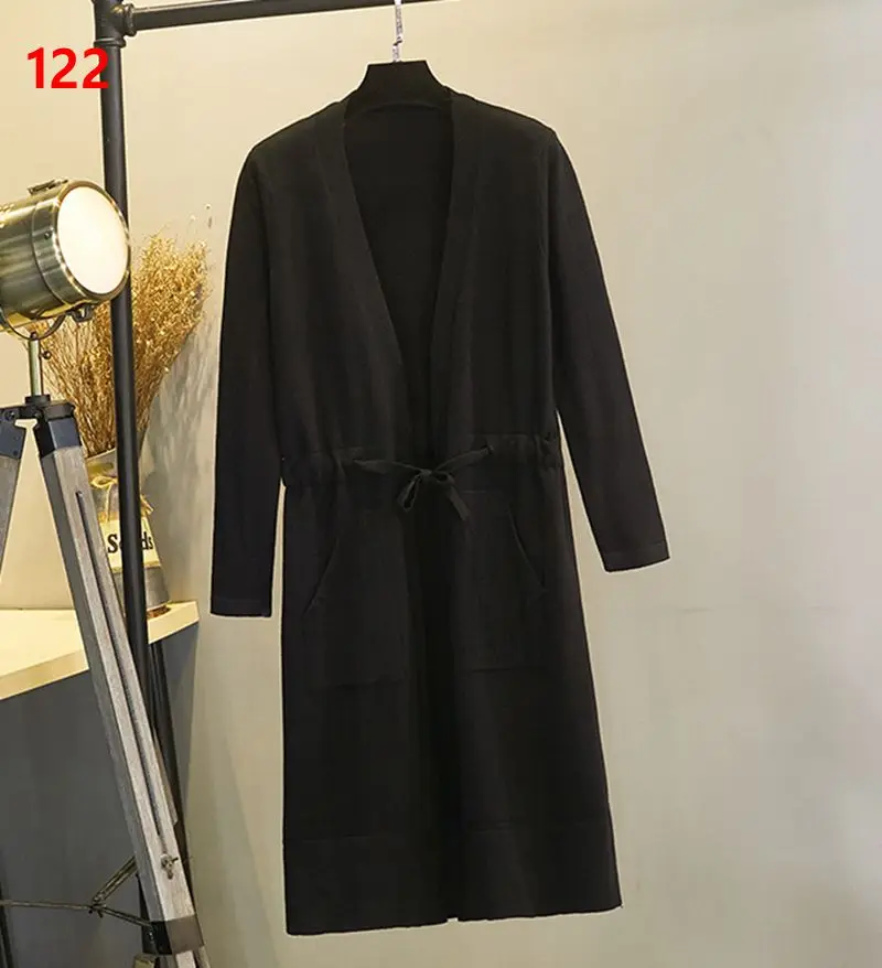 black 122 GIGOGOU, женский длинный кардиган, свитер, на завязках, Осень-зима, открытые кардиганы с карманами, вязаная куртка, пальто, зимняя женская одежда - Цвет: black 122