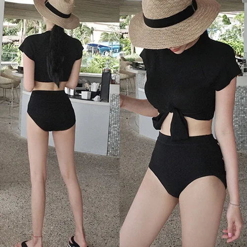 

South Korea New Style Split Type High Collar Conservative Elegant Bikini Swimwear High-waisted Belly Covering Spa Resort Bathing