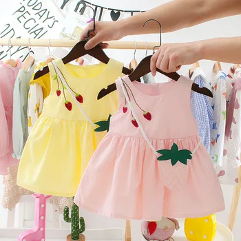 

NEW Toddler Kids Baby Girls Summer grils 2 pcs sent with Strawberry Bag Sleevesless Cute Bow Princess Dress Party Dress