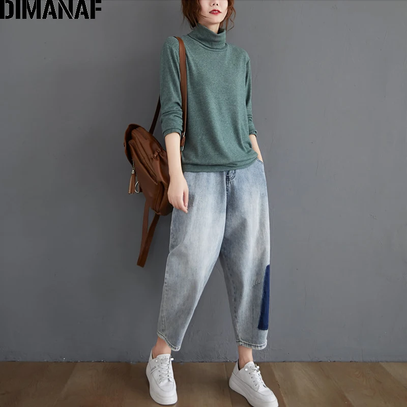 DIMANAF Plus Size Women T-Shirt Long Sleeve Basic Lady Tops Tunic Tee Turtleneck Cotton Knitted Loose tshirt Thin Women Clothing