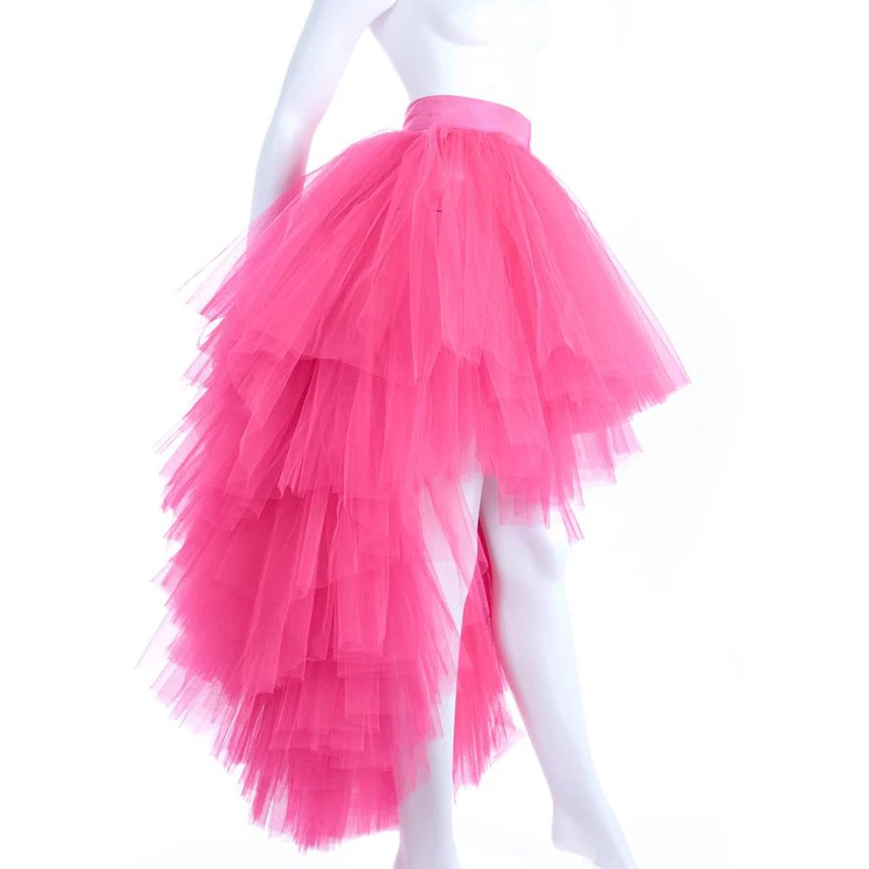 

Hot Pink High Low Tulle Skirt for Women Zipper Waist Asymmetric Adult Tutu Prom Skirts Tiered Tutu Party Gown REAL PHOTO