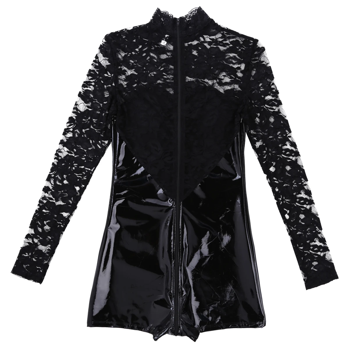 Женский купальник из лакированной кожи Wetlook и кружево ласкутное прозрачное боди с длинными рукавами и высоким воротом на двойной молнии