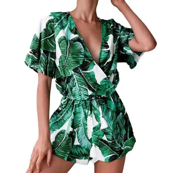 

Tropical Leaves Print Women Summer V-neck Bandage Romper Short Pants Jumpsuit ropa de mujer женская одежда летняя одежда женская