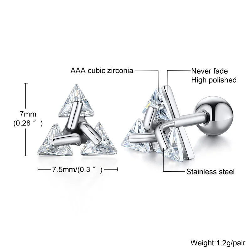 Stud Earrings Men,Triangle Pierced Crystal Zircon Stud Earrings,Stainless Steel Geometric Minimalist Studs for Man Jewelry 3