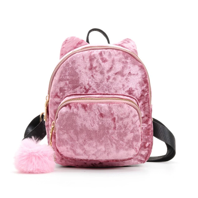 Розовый New Fashion Women Backpack Velour Female Bag Zipper Ladies Backpacks Girl Cartoon Kitten Ear Hair Ball Desinger Shoulder Bags - Цвет: Розовый