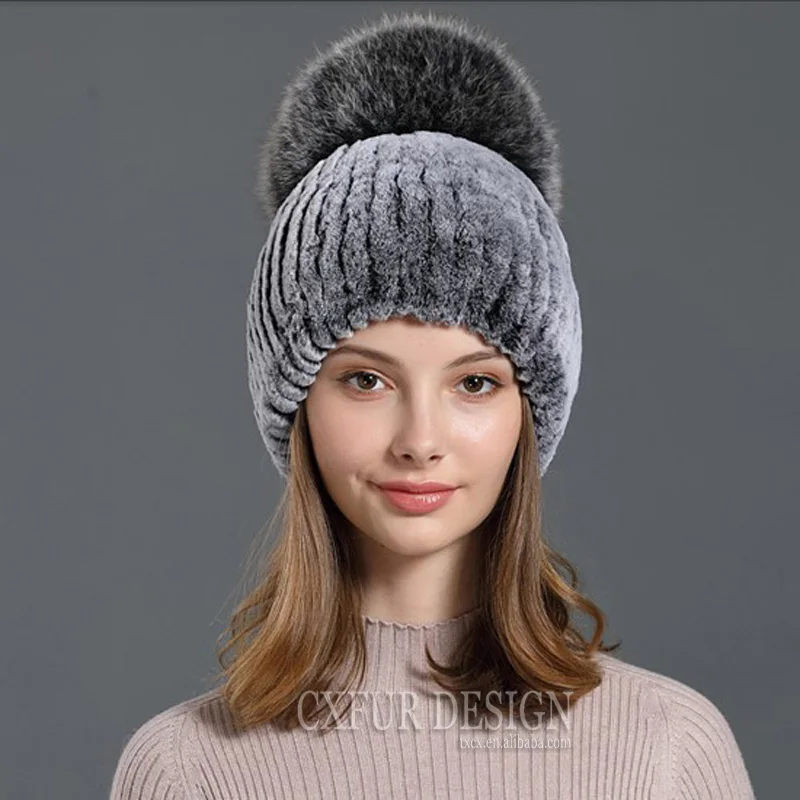 CX-C-83E теплые и мягкие шапки из меха кролика рекс большой помпон из лисьего меха шапка для женщин