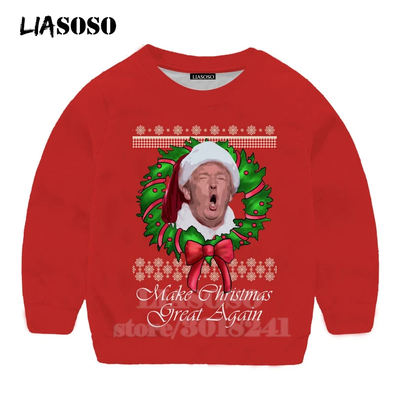 LIASOSO/забавная Толстовка для детей с Дональдом Трампом Рождественский костюм с 3D-принтом футболка для подростков детский топ, пуловер с круглым вырезом для мальчиков и девочек B171-13 с капюшоном для малышей