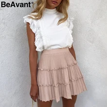 BeAvant трикотажная юбка завышенной талией розовая Элегантная трикотажная юбка женская с завышенной талией А-линии с рюшами и полосатой женская осень зима розовая женская юбка