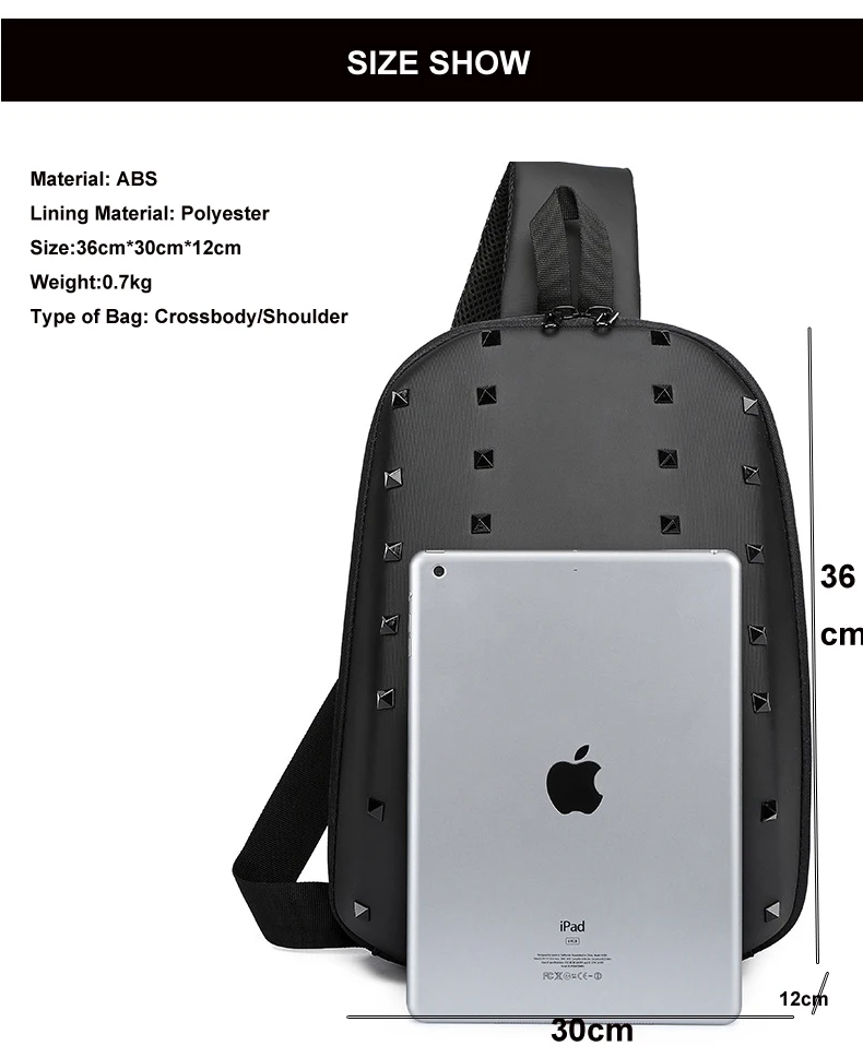 OZUKO Большая вместительная нагрудная сумка с заклепками, водонепроницаемая сумка через плечо, качественная АБС Мужская нагрудная сумка, зарядка через usb, сумки для мужчин