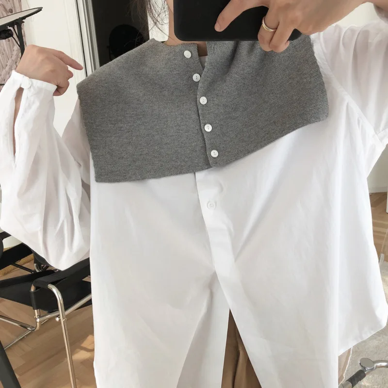 

LANMREM 2020 New Fashion Spring Vintage Style Korean Solid Color Button Fake Collar Simple All Match Small Women's Shawl AI760