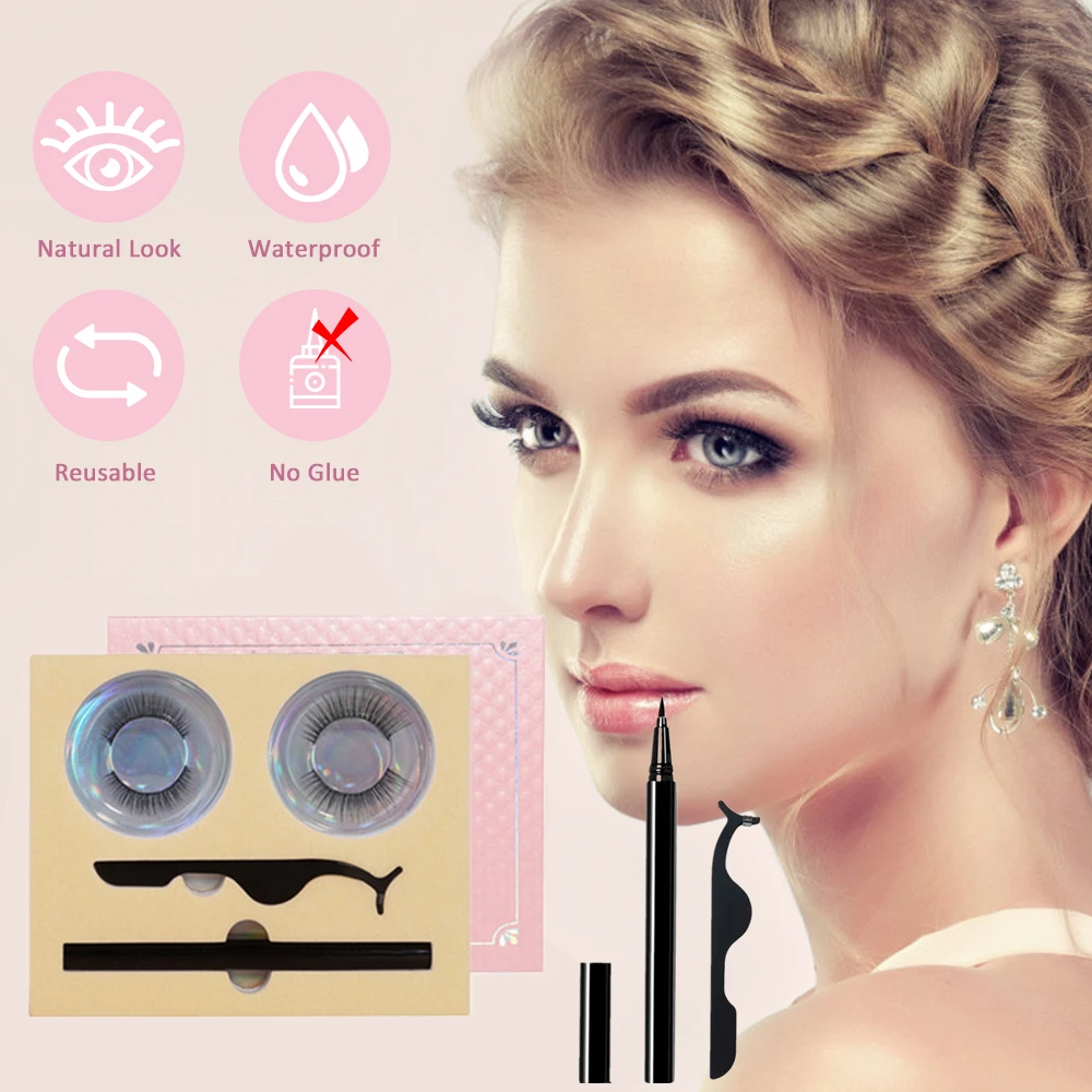 

Self Adhesive Eyeliner Eyelashes Kit with Eyeliner & Tweezer With Gift Box Reusable No Glue Waterproof False Lashes with 2 Pairs