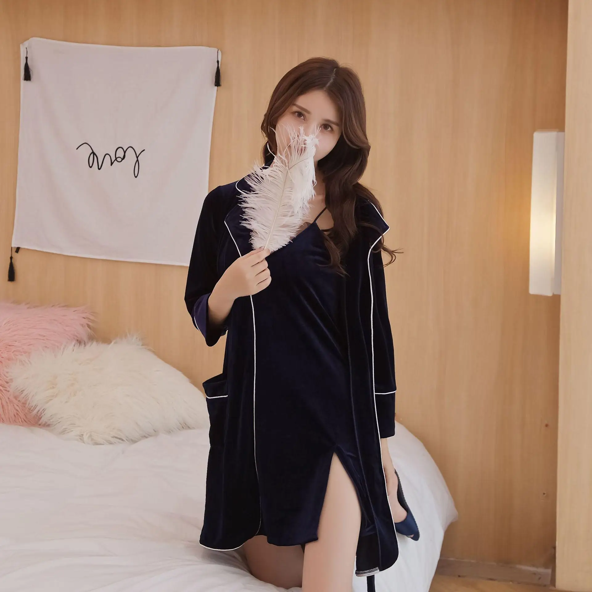 New Winter Lounge Set Kimono Robe Sets 2 Pcs Bathrobe 1543 - Цвет: dark blue