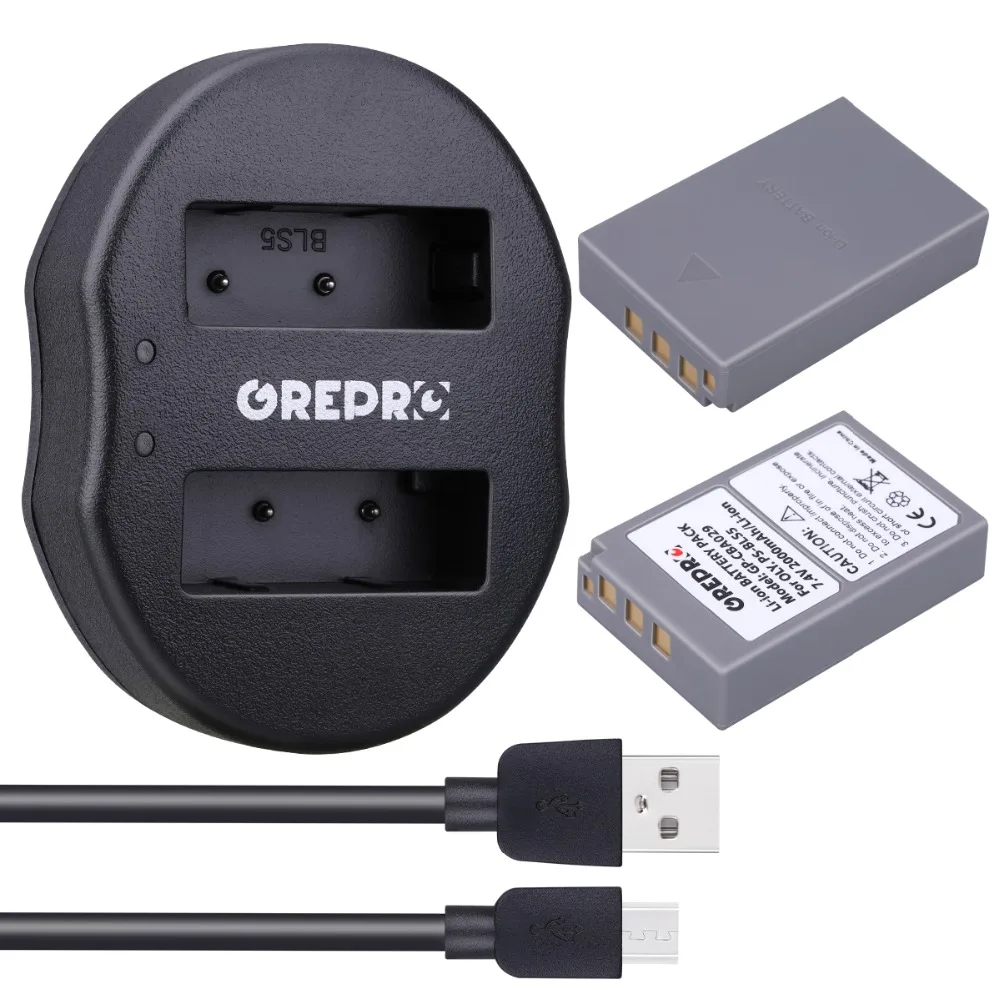 GREPRO 2000mAh PS-BLS5 BLS-5 BLS5 BLS50 батарея+ двойной USB зарядное устройство для Olympus PEN E-PL2, E-PL5, E-PL6, E-PL7, E-PM2, OM-D, E-M10, E-M10