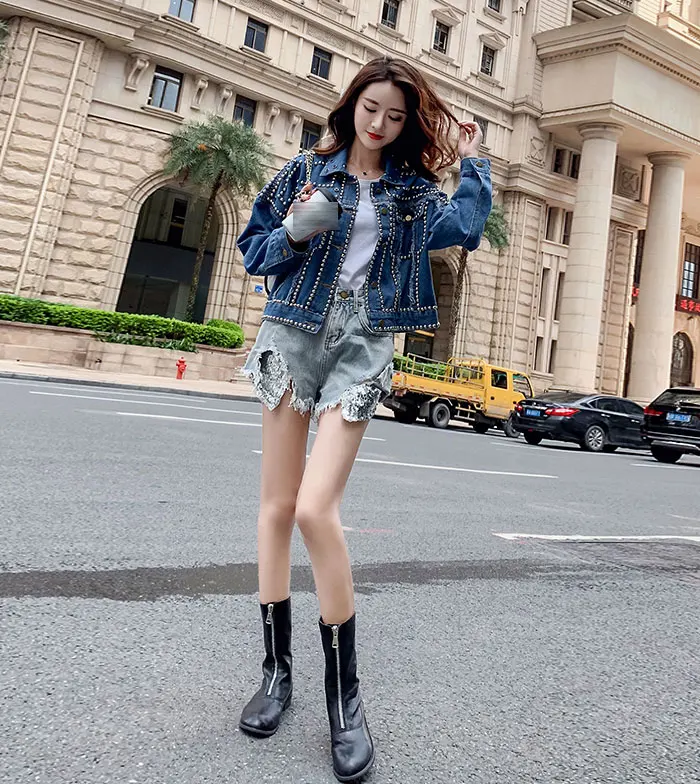 Алмазная джинсовая куртка женская осень новая Корейская версия Шипованная Короткая свободная джинсовая куртка Высокая уличная на одной пуговице