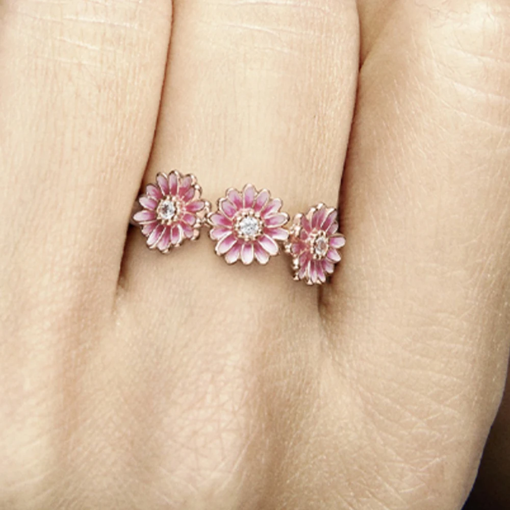 Pink Daisy Flower Trio Ring 
