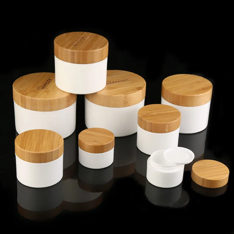 

Essence cream Container 10g 30g 50g 100g 150g White PP Plastic Jar with Bamboo Lid Engraving Logo Bamboo Cream Cosmetic Jar