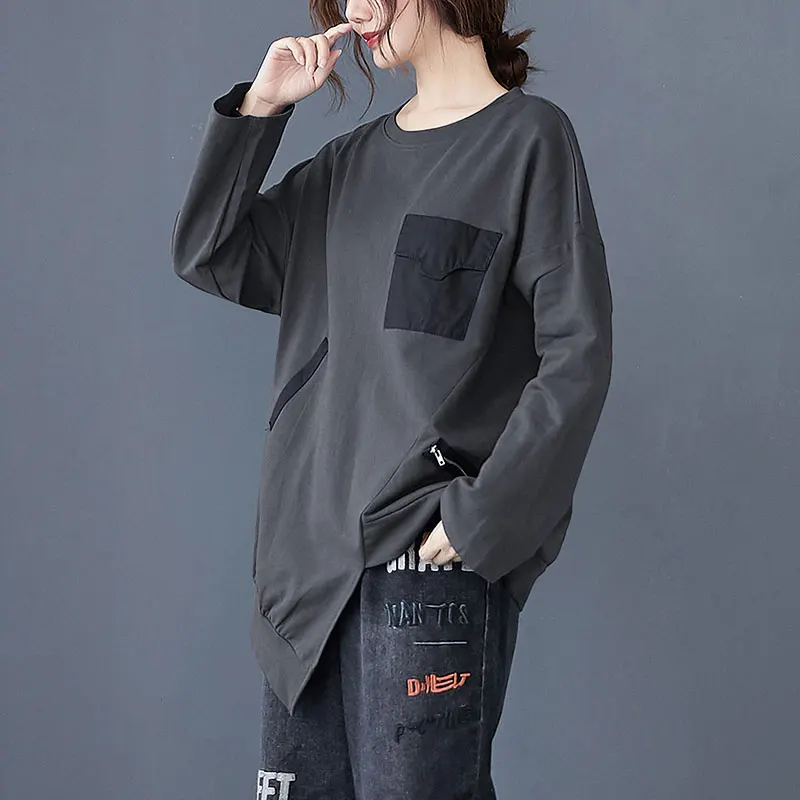 DIMANAF 2020 Plus Size Women T-Shirt Casual Vintage Patchwork Zipper Pullover Cotton Solid Autumn Tee Shirt New Big Size Tops