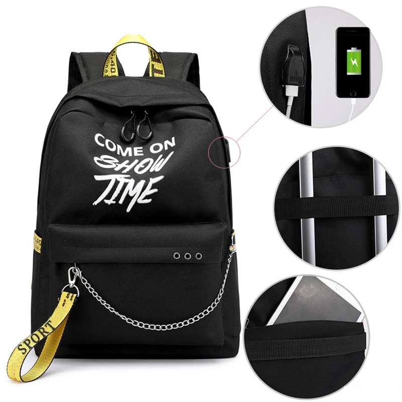Светящийся USB зарядка женский рюкзак модная школьная сумка с буквами для девочек-подростков рюкзак с полосками Mochila Sac Dos Bookbag - Цвет: Black Yellow